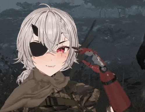 a girl with white hair and red eyes is wearing a blindfold