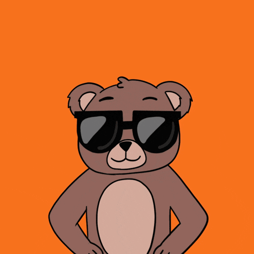 a brown teddy bear wearing sunglasses and a speech bubble that says hello