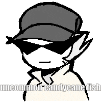 a black and white drawing of a man wearing a hat and sunglasses with the words uncommon candycane fish below him