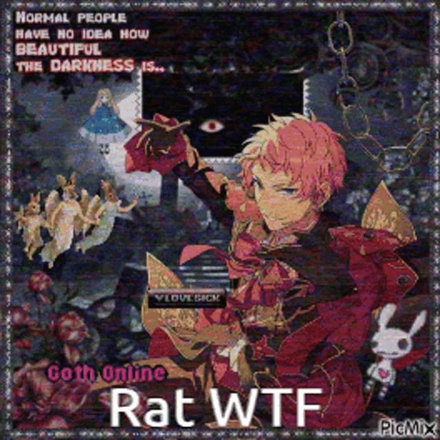 a picture of a goth anime character with the caption " normal people have no idea how beautiful the darkness is goth online rat wtf "