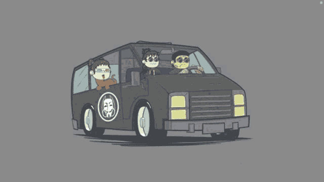a cartoon drawing of a van with a mask on the side