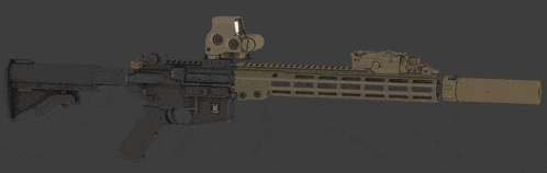 a rifle with a scope and a silencer has the letter x on it