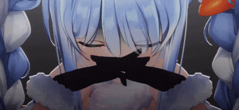 a close up of a girl with blue hair and a black bow around her mouth