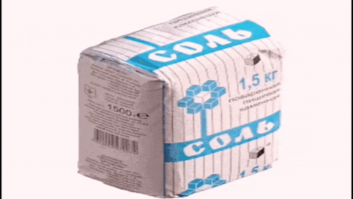 a white and blue bag of salt with a flower on the front