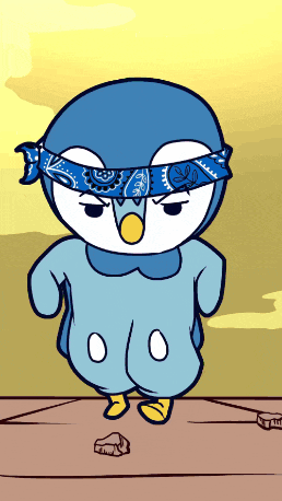 a cartoon penguin wearing a blue bandana on his head