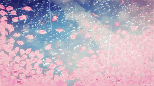 a painting of pink petals floating in the water