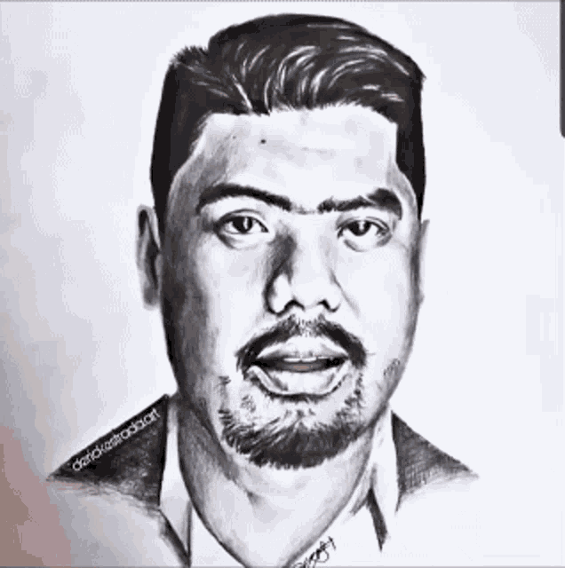 a black and white drawing of a man with a beard and a name that starts with d.