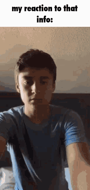 a young man in a blue shirt is taking a selfie with a caption that reads `` my reaction to that info '' .