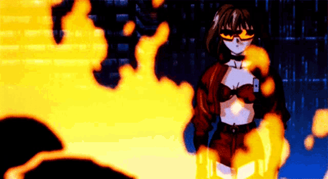 a girl in sunglasses is surrounded by flames