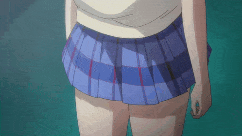 a girl wearing a blue plaid skirt is standing in front of a green background