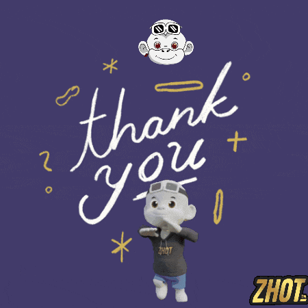a cartoon character is standing in front of the words thank you