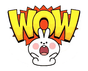 a cartoon rabbit is standing in front of a yellow and orange wow sign .