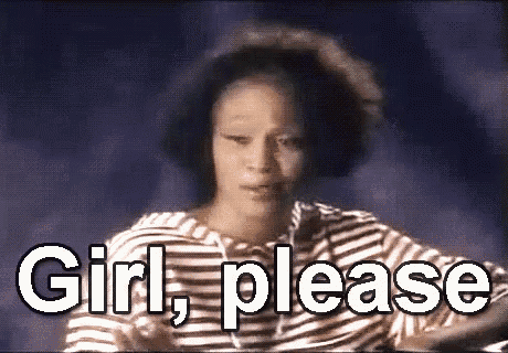 a woman in a striped shirt is making a funny face and says `` girl , please '' .