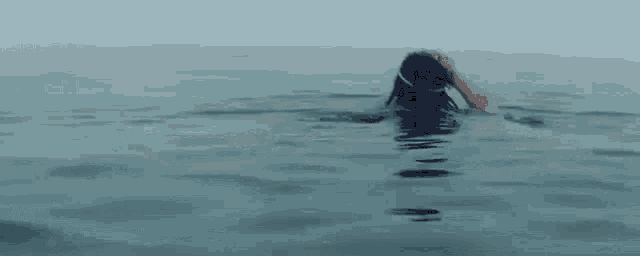 a person is swimming in the ocean while wearing a wet suit .