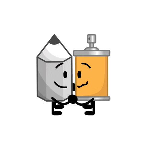a pencil and a spray can are holding hands