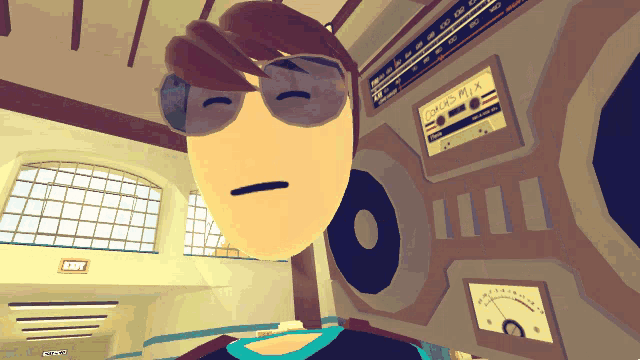 a cartoon of a man wearing sunglasses sitting in front of a radio that says ' radio mix ' on it