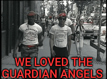 a group of people walking down a street with the words we loved the guardian angels