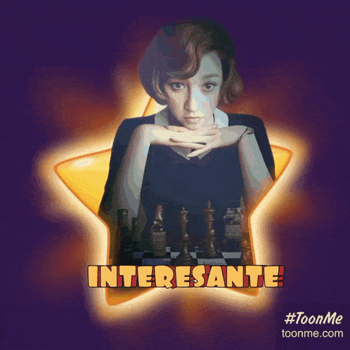a cartoon of a woman playing chess with the words " interessante " written below her