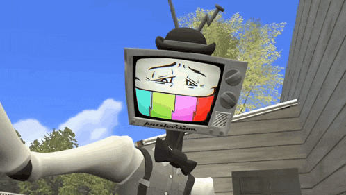 a cartoon character with a puzzlevision tv head