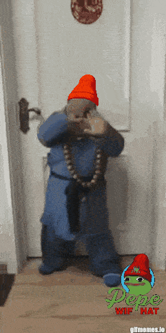 a gif of a person wearing a blue robe and a red hat with pepe wif hat on the bottom