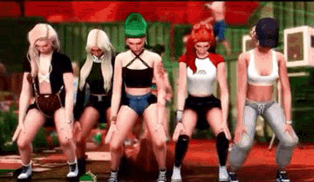 a group of women are standing next to each other dancing in a video game .