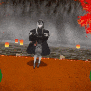 a girl in a black dress is standing in front of a red tree with the letter l on the ground