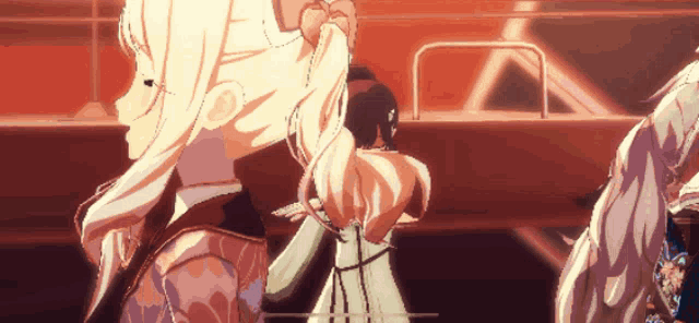 a group of anime characters are standing next to each other in a room .