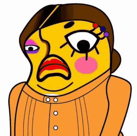 a cartoon drawing of a woman with a big yellow face and a purple eye .