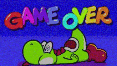 a game over screen with a green yoshi laying down