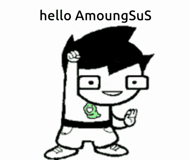 a cartoon character with glasses and a green frog on his chest says hello amoungsus