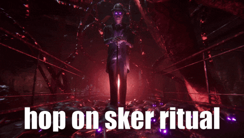 a man in a suit stands in a dark room with the words hop on sker ritual written below him