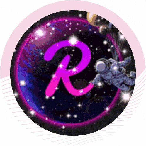 a circle with a purple letter r and an astronaut in space
