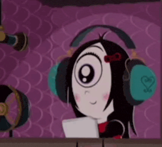 a cartoon character wearing headphones is looking at her phone