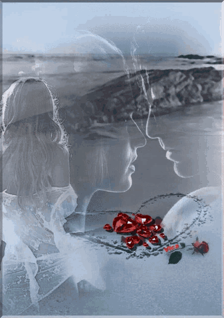 a painting of a man and woman looking at each other with roses in the foreground