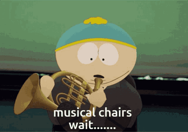 a cartoon character is playing a musical chairs wait