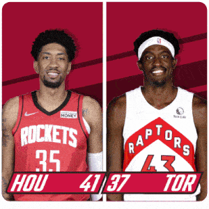 two basketball players from the rockets and raptors are standing next to each other