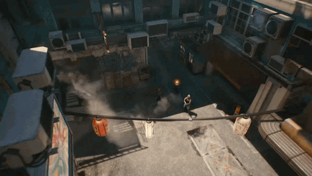a video game scene with a huge explosion in the middle