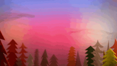 a sunset with trees in the foreground and a purple sky in the background