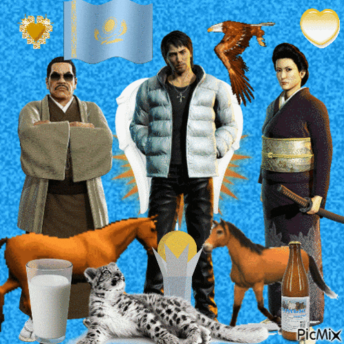 a group of people standing next to each other with animals and a bottle that says picmix on it