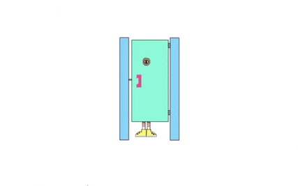 a cartoon of a person standing in front of a door with a pink handle .