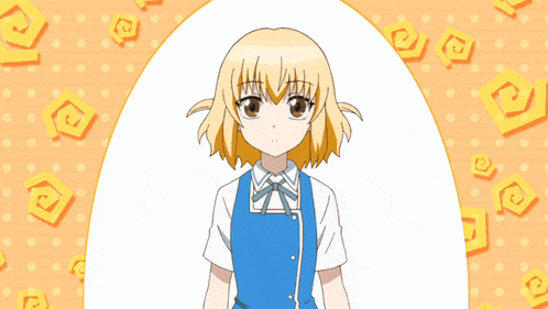 a girl with blonde hair and a blue apron stands in front of an orange background