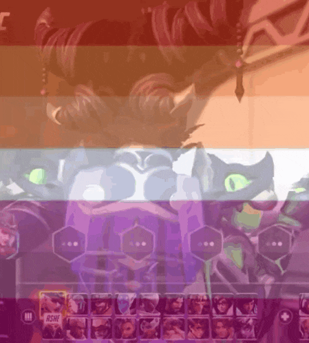 a screenshot of a video game with a rainbow flag behind it