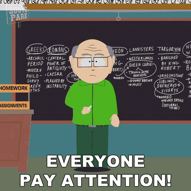a cartoon character stands in front of a blackboard with the words everyone pay attention