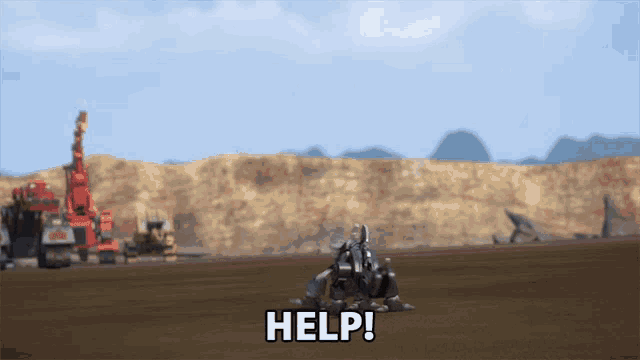 a video game scene with a robot and the words help on the bottom