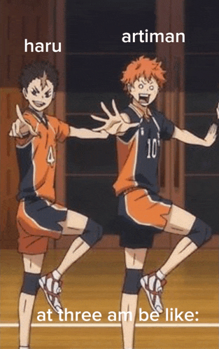 two volleyball players standing next to each other with the words " at three am be like " on the bottom