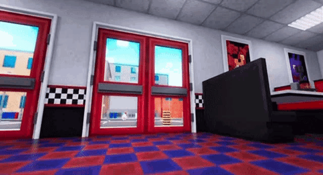 a diner with red doors , a checkered floor and a bench .