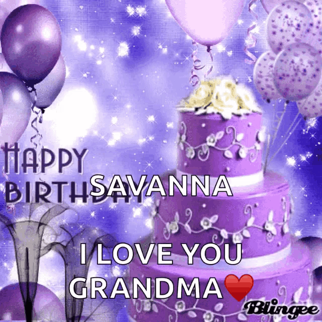 a purple birthday cake with the words happy birthsavannah i love you grandma on it