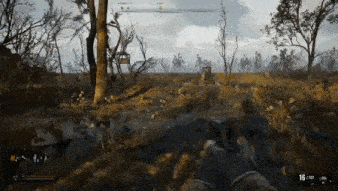 a person is holding a gun in a field with trees in the background .