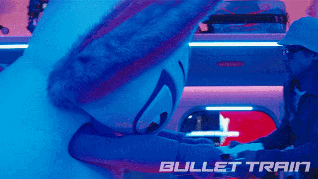 a bullet train advertisement with a mascot on the plane