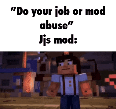 a minecraft character is standing in front of a city with the words " do your job or mod abuse " written on it .